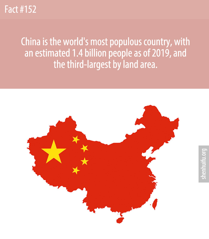 China is the world's most populous country, with an estimated 1.4 billion people as of 2019, and the third-largest by land area.