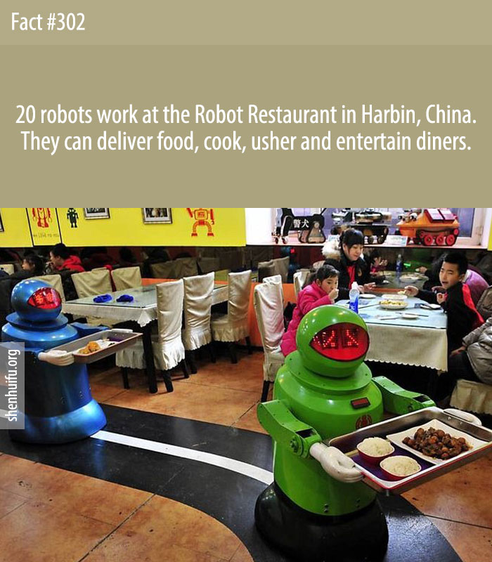 20 robots work at the Robot Restaurant in Harbin, China. They can deliver food, cook, usher and entertain diners.