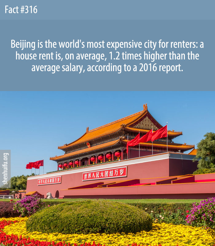 Beijing is the world's most expensive city for renters: a house rent is, on average, 1.2 times higher than the average salary, according to a 2016 report.