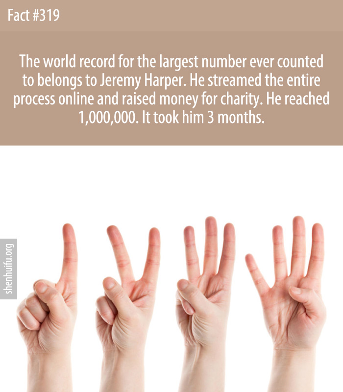 The world record for the largest number ever counted to belongs to Jeremy Harper. He streamed the entire process online and raised money for charity. He reached 1,000,000. It took him 3 months.