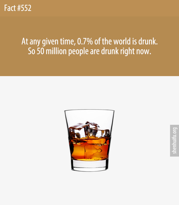 At any given time, 0.7% of the world is drunk. So 50 million people are drunk right now.