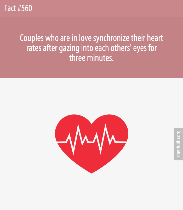 Couples who are in love synchronize their heart rates after gazing into each others' eyes for three minutes.