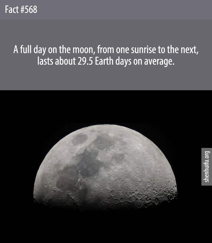 A full day on the moon, from one sunrise to the next, lasts about 29.5 Earth days on average.