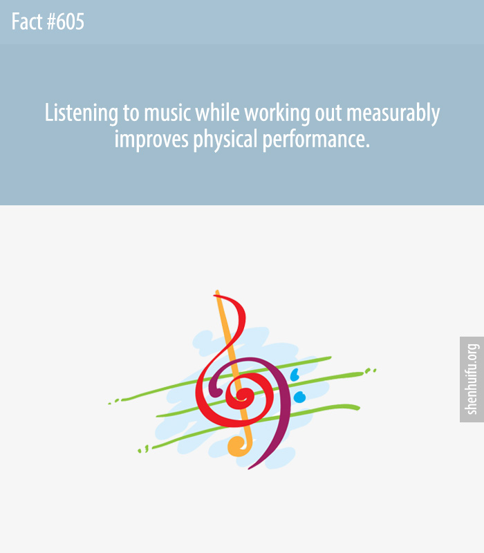 Listening to music while working out measurably improves physical performance.