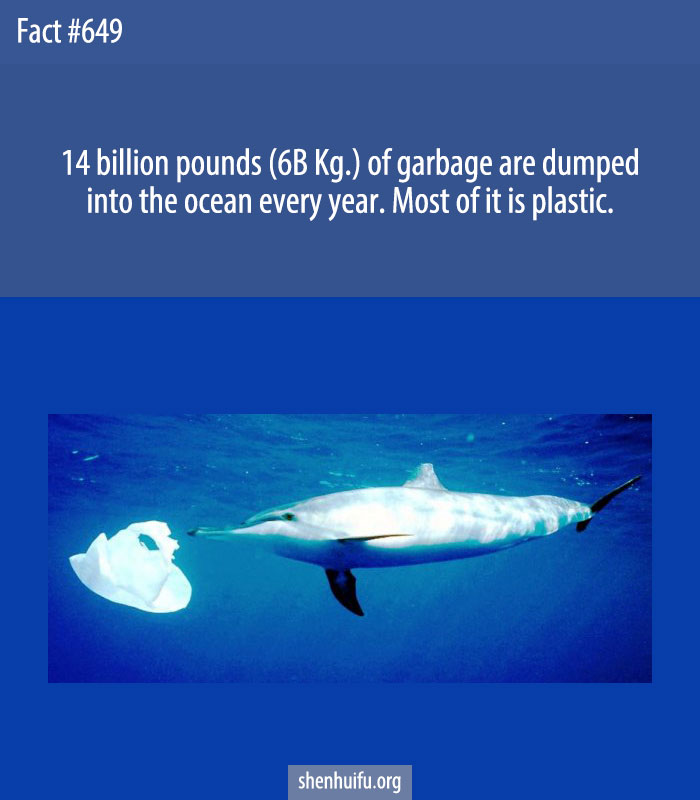 14 billion pounds (6B Kg.) of garbage are dumped into the ocean every year. Most of it is plastic.