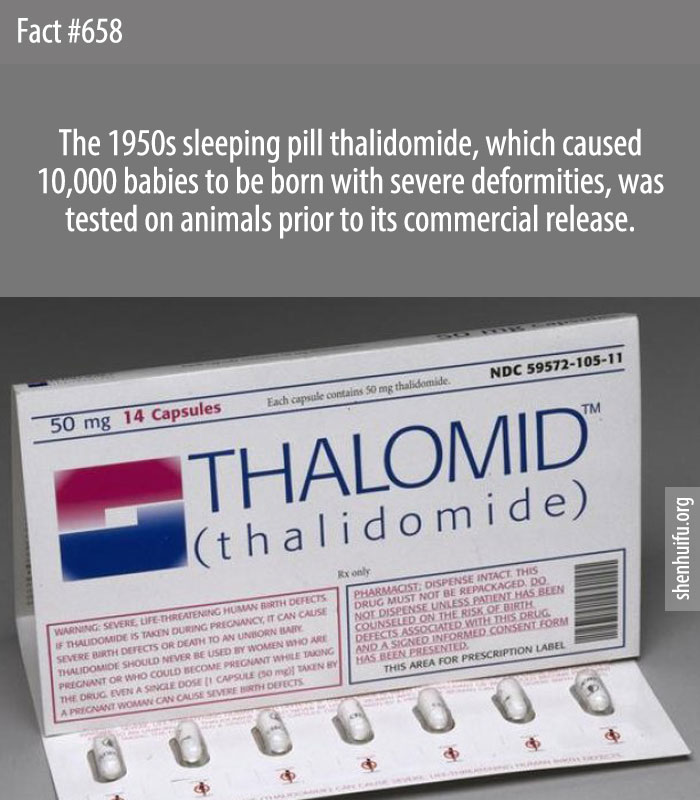The 1950s sleeping pill thalidomide, which caused 10,000 babies to be born with severe deformities, was tested on animals prior to its commercial release.