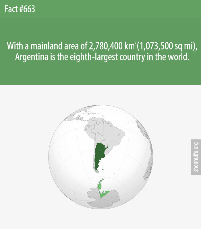 With a mainland area of 2,780,400 km2 (1,073,500 sq mi), Argentina is the eighth-largest country in the world.