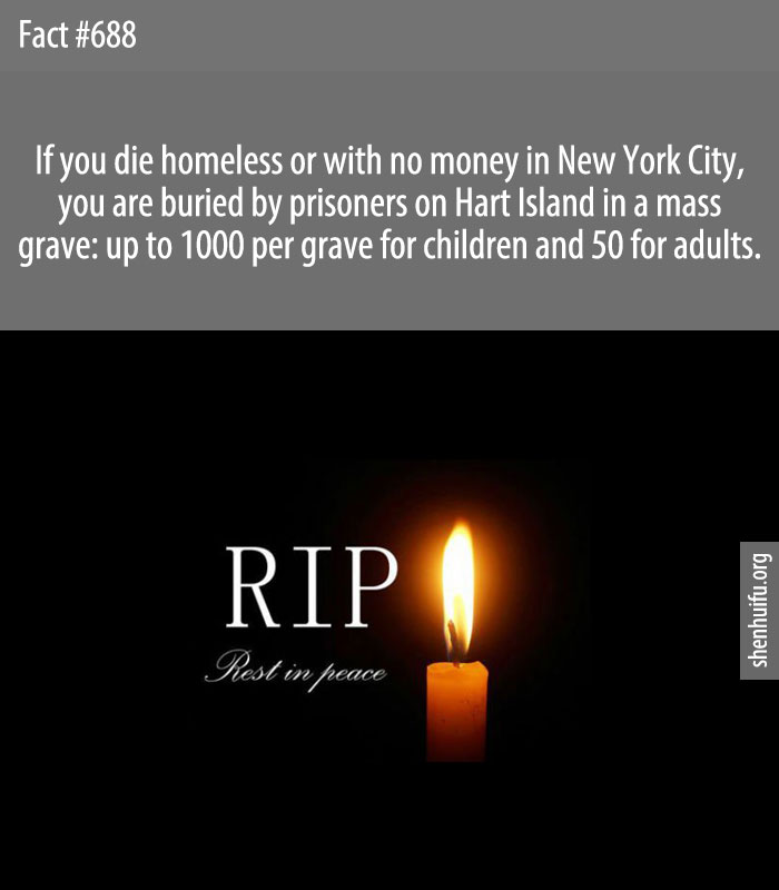 If you die homeless or with no money in New York City, you are buried by prisoners on Hart Island in a mass grave: up to 1000 per grave for children and 50 for adults.