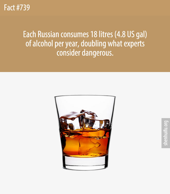 Each Russian consumes 18 litres (4.8 US gal) of alcohol per year, doubling what experts consider dangerous.