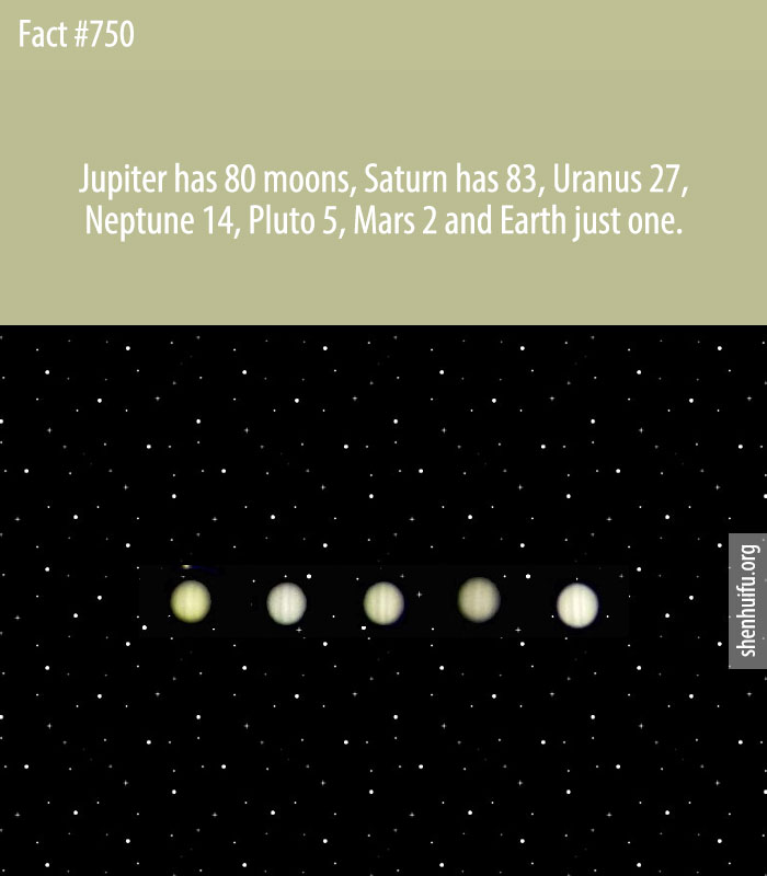 Jupiter has 80 moons, Saturn has 83, Uranus 27, Neptune 14, Pluto 5, Mars 2 and Earth just one.