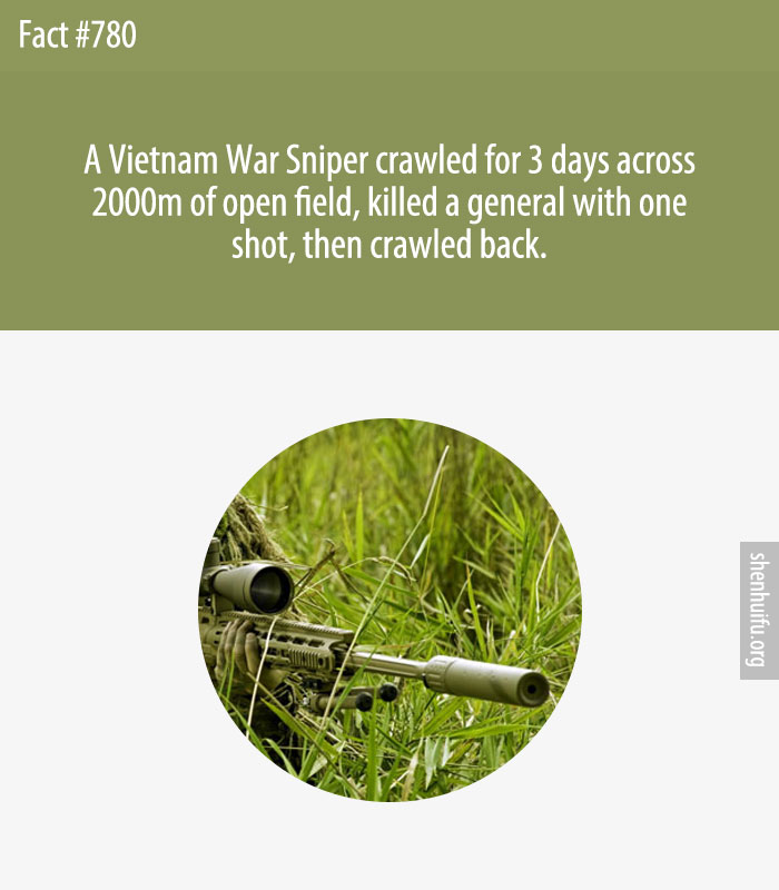 A Vietnam War Sniper crawled for 3 days across 2000m of open field, killed a general with one shot, then crawled back.