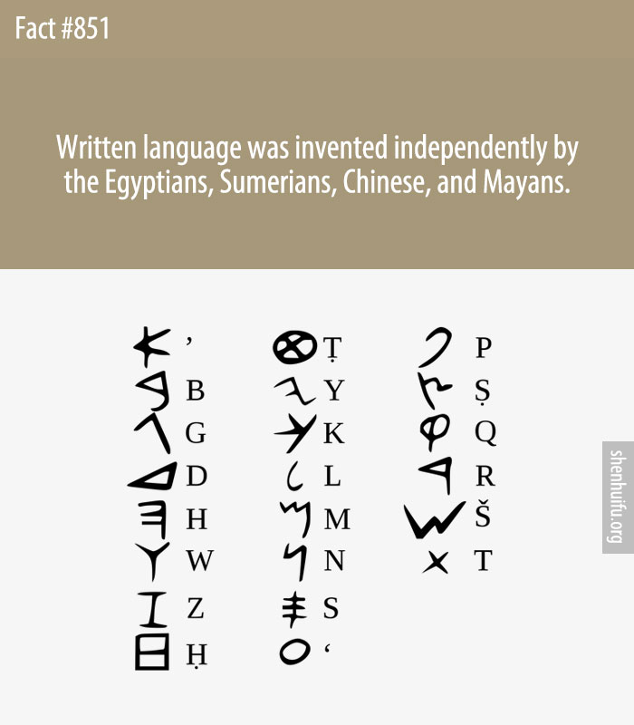Written language was invented independently by the Egyptians, Sumerians, Chinese, and Mayans.