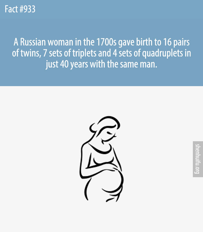 A Russian woman in the 1700s gave birth to 16 pairs of twins, 7 sets of triplets and 4 sets of quadruplets in just 40 years with the same man.