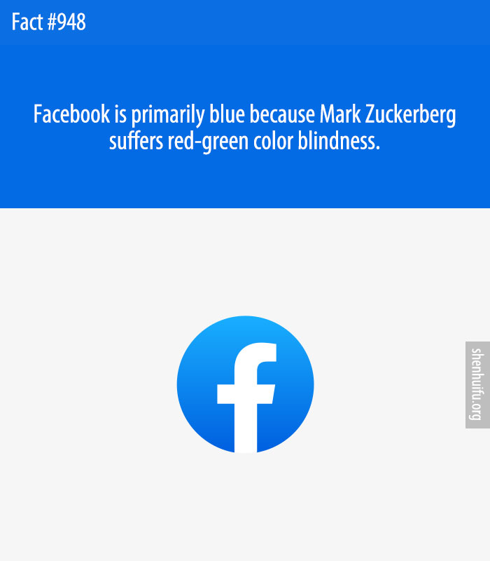 Facebook is primarily blue because Mark Zuckerberg suffers red-green color blindness.