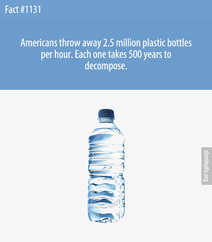 Americans throw away 2.5 million plastic bottles per hour. Each one takes 500 years to decompose.