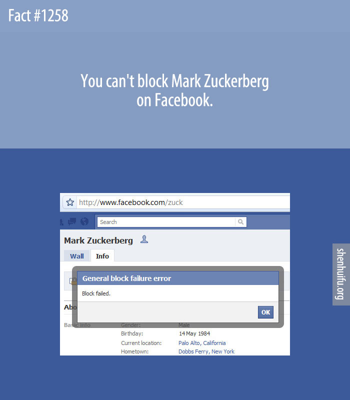 You can't block Mark Zuckerberg on Facebook.