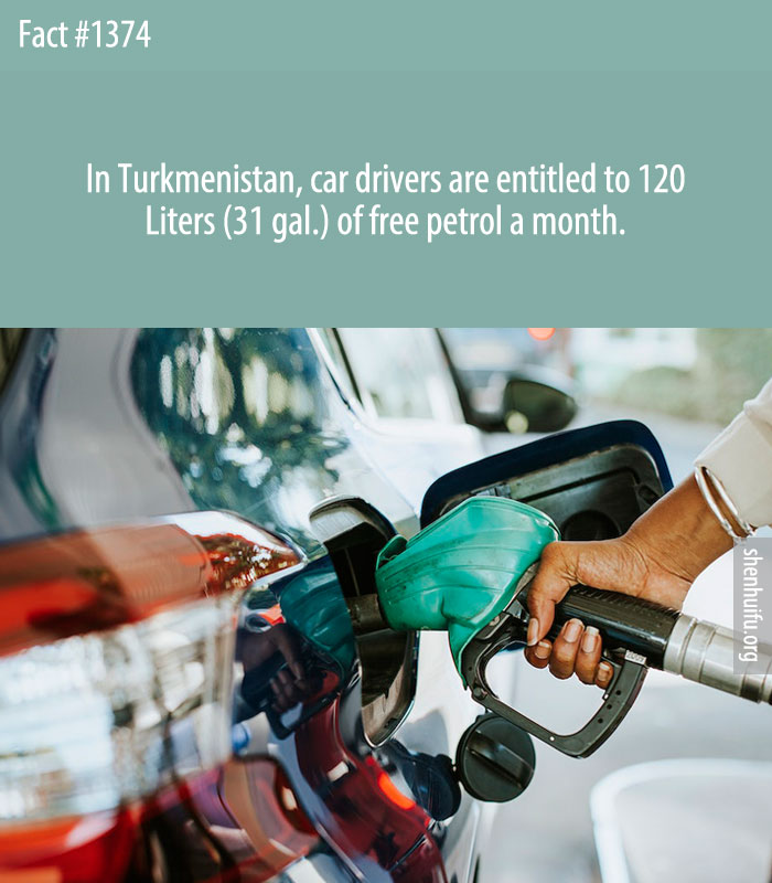 In Turkmenistan, car drivers are entitled to 120 Liters (31 gal.) of free petrol a month.