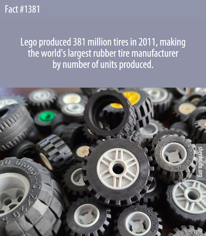 Lego produced 381 million tires in 2011, making the world's largest rubber tire manufacturer by number of units produced.
