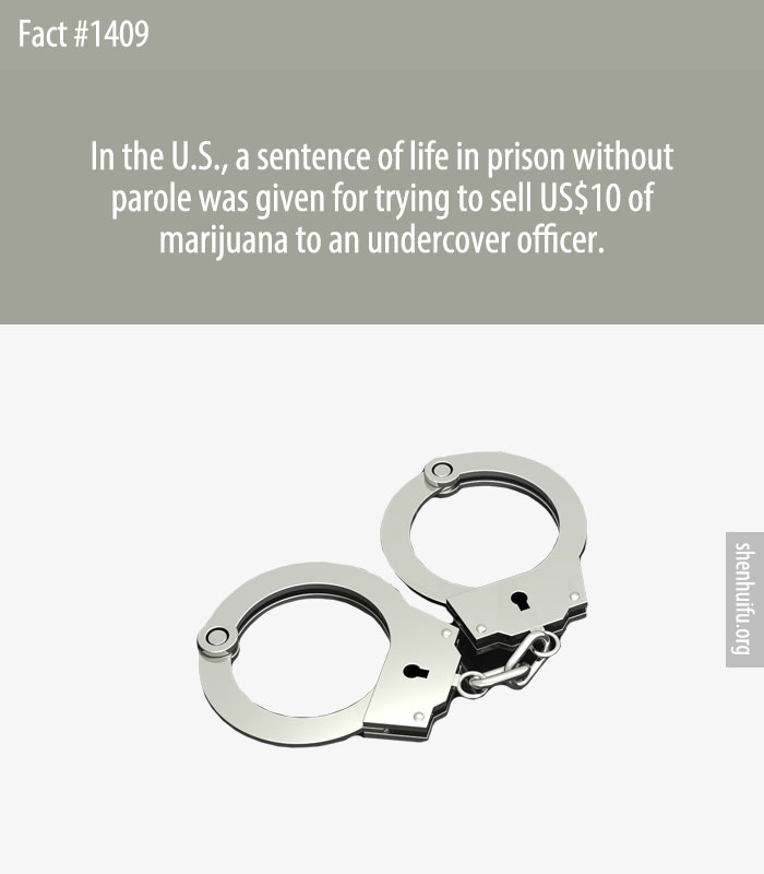In the U.S., a sentence of life in prison without parole was given for trying to sell US$10 of marijuana to an undercover officer.