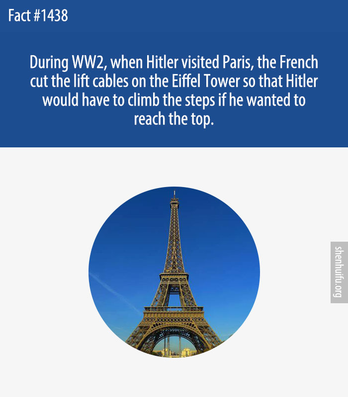 During WW2, when Hitler visited Paris, the French cut the lift cables on the Eiffel Tower so that Hitler would have to climb the steps if he wanted to reach the top.
