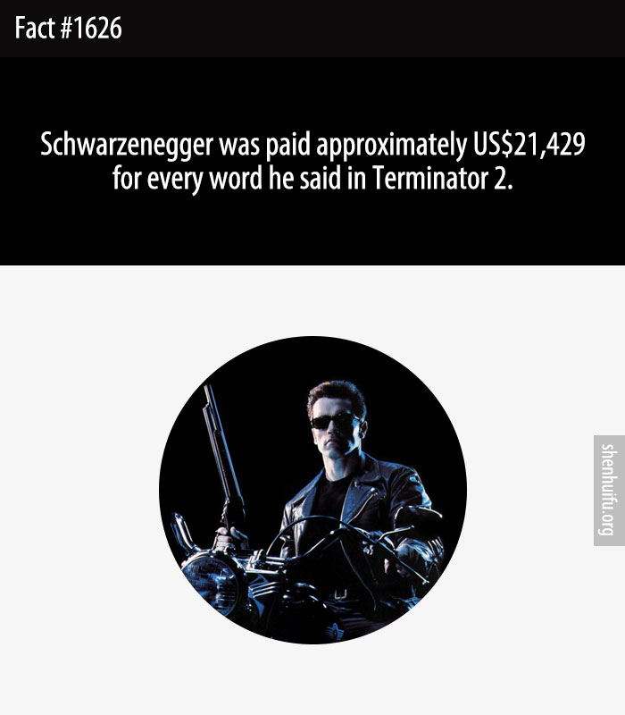 Schwarzenegger was paid approximately US$21,429 for every word he said in Terminator 2.